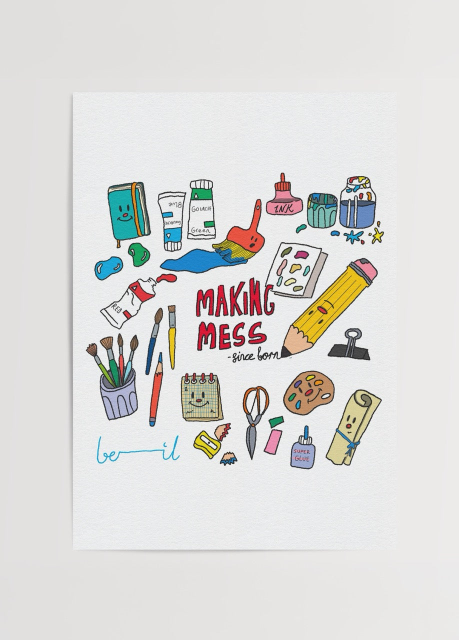 Beril Erdemir’in Making Mess posteri, renkli illüstrasyonlarla sanatsal dağınıklığı ve yaratıcılığı yansıtan dekoratif baskı.