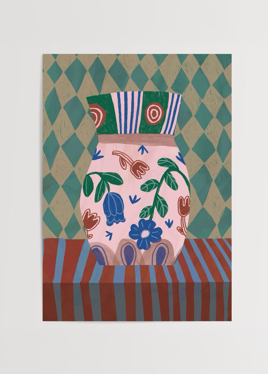 Maksimalist desenlerle betimlenmiş damalı vazo illüstrasyonu