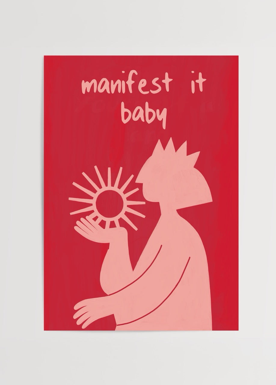 Thola Studio Manifest It Baby posteri, kırmızı ve pembe renkli modern illüstrasyon, motivasyon temalı dekoratif duvar posteri baskısı.