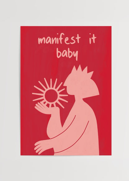 Thola Studio Manifest It Baby posteri, kırmızı ve pembe renkli modern illüstrasyon, motivasyon temalı dekoratif duvar posteri baskısı.