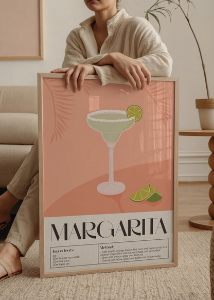 Margarita içkisini tarif eden şık, pembe zeminli minimal illüstrasyon poster