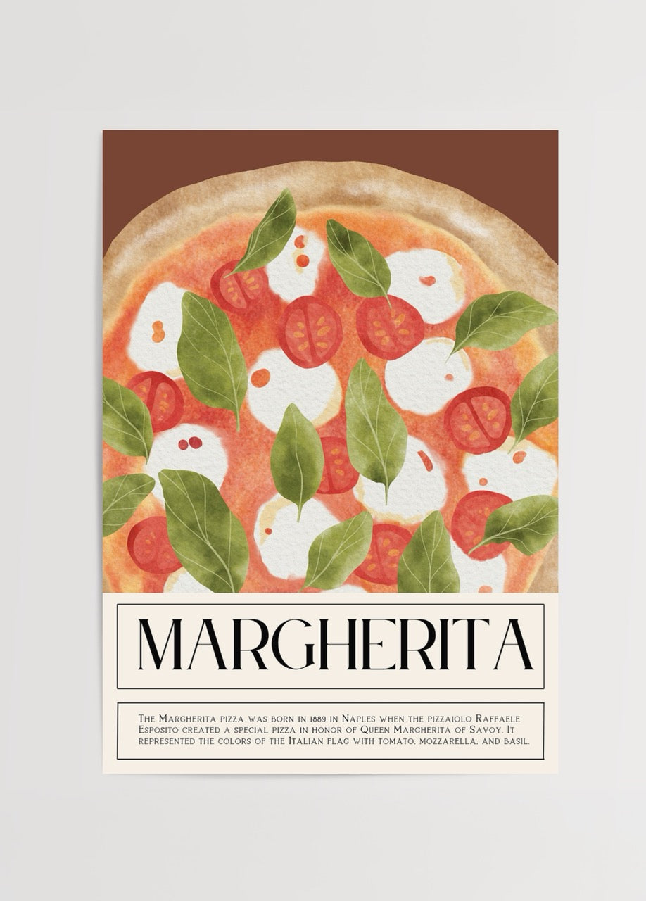 Domates, mozzarella ve fesleğen ile hazırlanmış geleneksel Margherita pizzanın illüstrasyonunu içeren mutfak temalı poster.