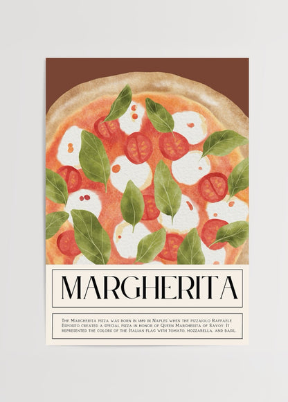 Domates, mozzarella ve fesleğen ile hazırlanmış geleneksel Margherita pizzanın illüstrasyonunu içeren mutfak temalı poster.