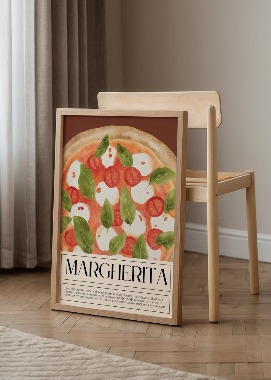 Domates, mozzarella ve fesleğen ile hazırlanmış geleneksel Margherita pizzanın illüstrasyonunu içeren mutfak temalı poster.