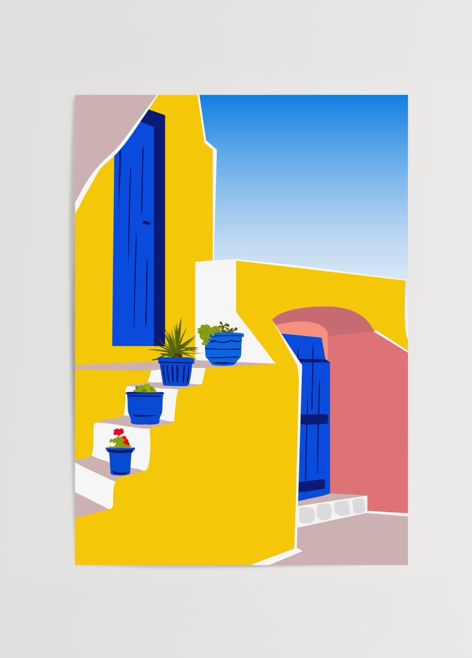 Batuhan Erdoğan’ın Marrakesh posteri, sarı ve mavi kontrastlarıyla Fas mimarisinden ilham alan modern grafik sanat baskısı.