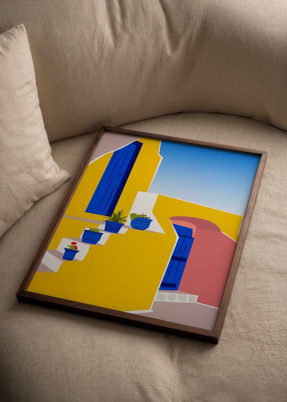 Batuhan Erdoğan’ın Marrakesh posteri, sarı ve mavi kontrastlarıyla Fas mimarisinden ilham alan modern grafik sanat baskısı.