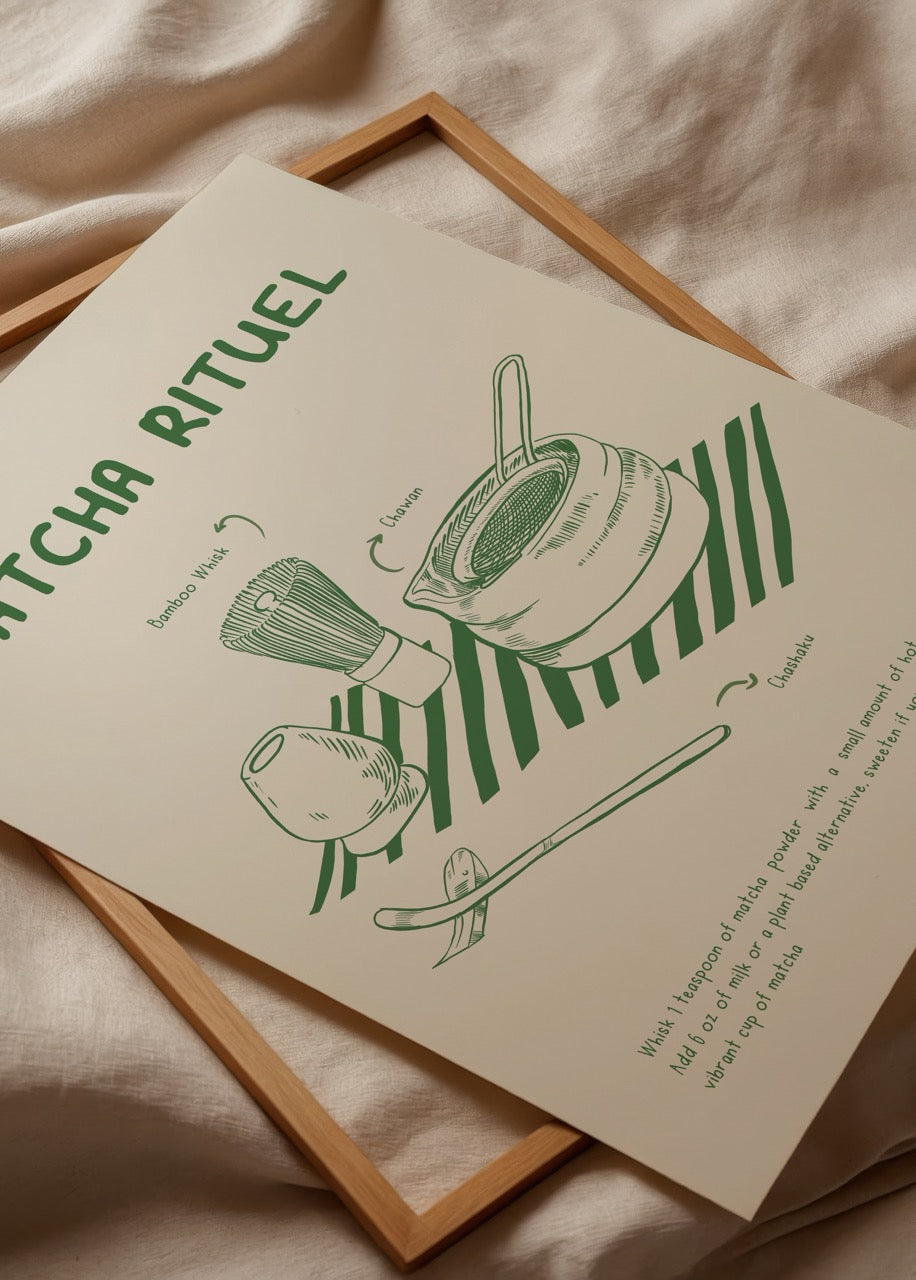 Elif Bilgin’in Matcha Rituel posteri, Japon çay seremonisi ve matcha hazırlama ritüelini anlatan illüstrasyon.