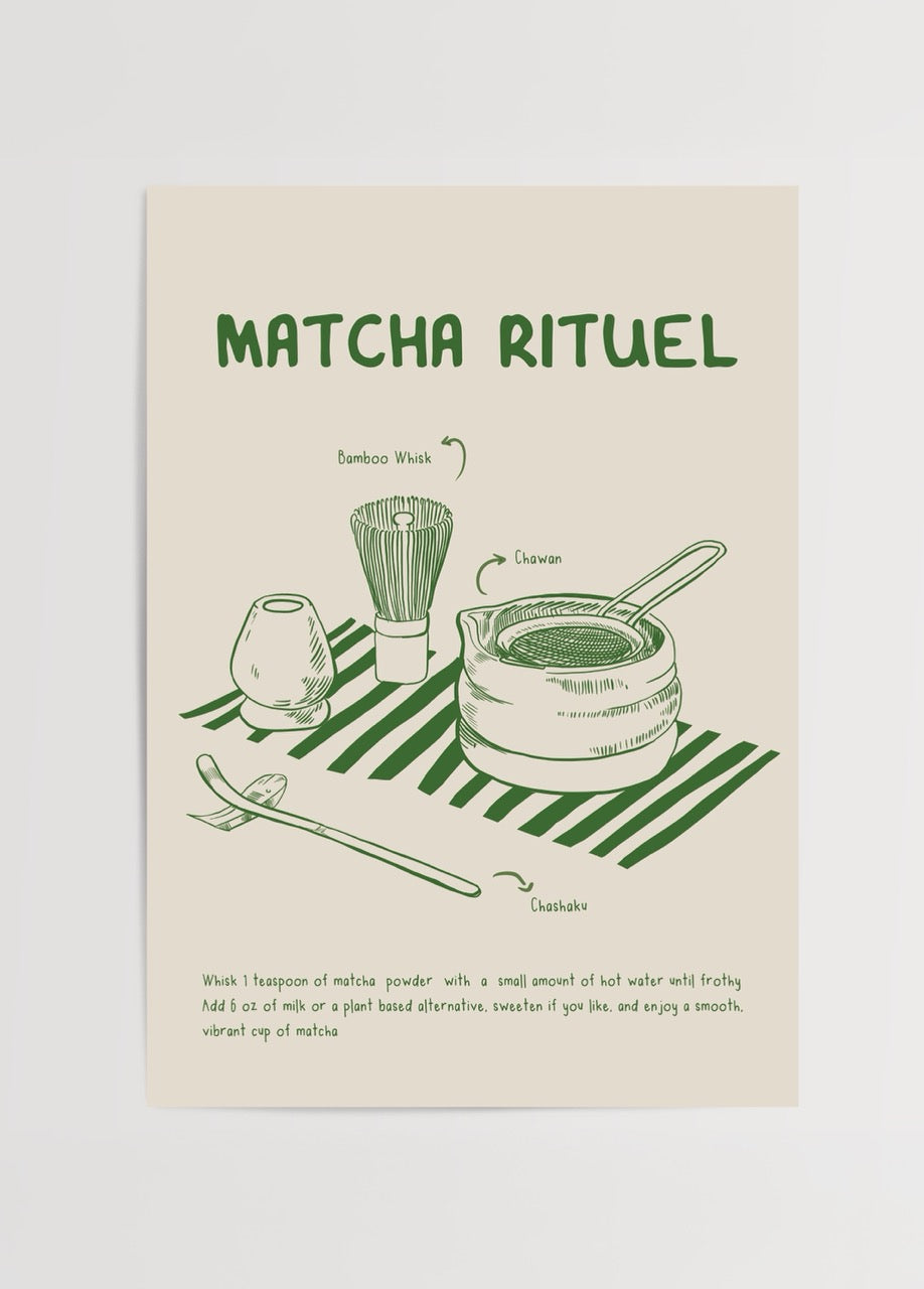 Elif Bilgin’in Matcha Rituel posteri, Japon çay seremonisi ve matcha hazırlama ritüelini anlatan illüstrasyon.