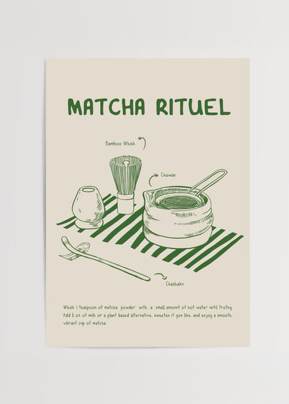 Elif Bilgin’in Matcha Rituel posteri, Japon çay seremonisi ve matcha hazırlama ritüelini anlatan illüstrasyon.