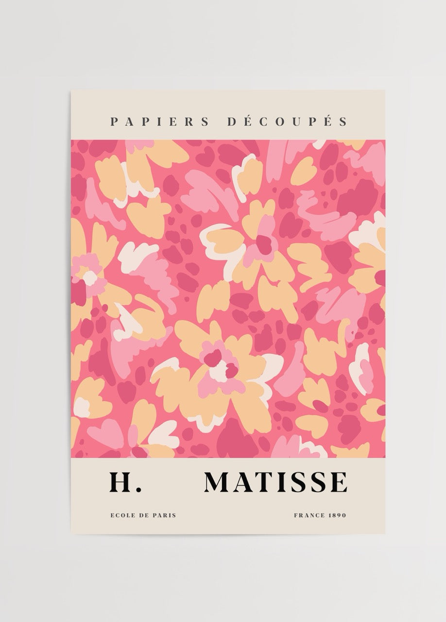 Pembe, sarı ve pastel tonlarda çiçek desenli Matisse tarzı kesme kâğıt posteri