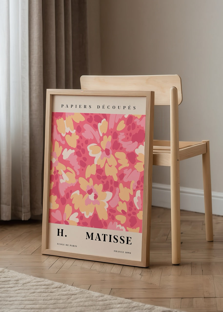 Pembe, sarı ve pastel tonlarda çiçek desenli Matisse tarzı kesme kâğıt posteri