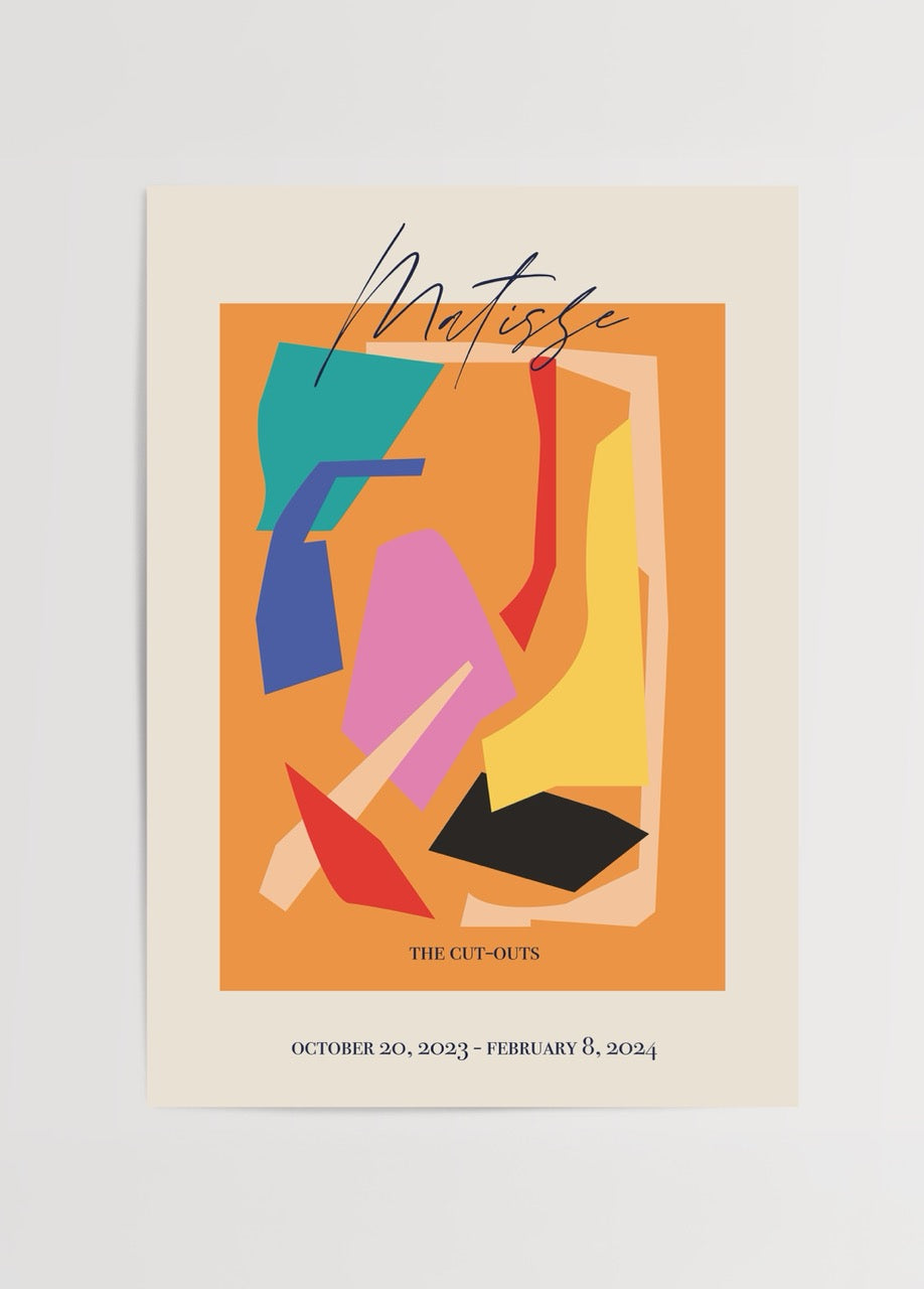 Turuncu zemin üzerinde soyut renk bloklarından oluşan Matisse Cut-Outs posteri