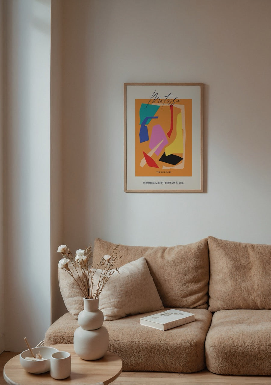 Turuncu zemin üzerinde soyut renk bloklarından oluşan Matisse Cut-Outs posteri