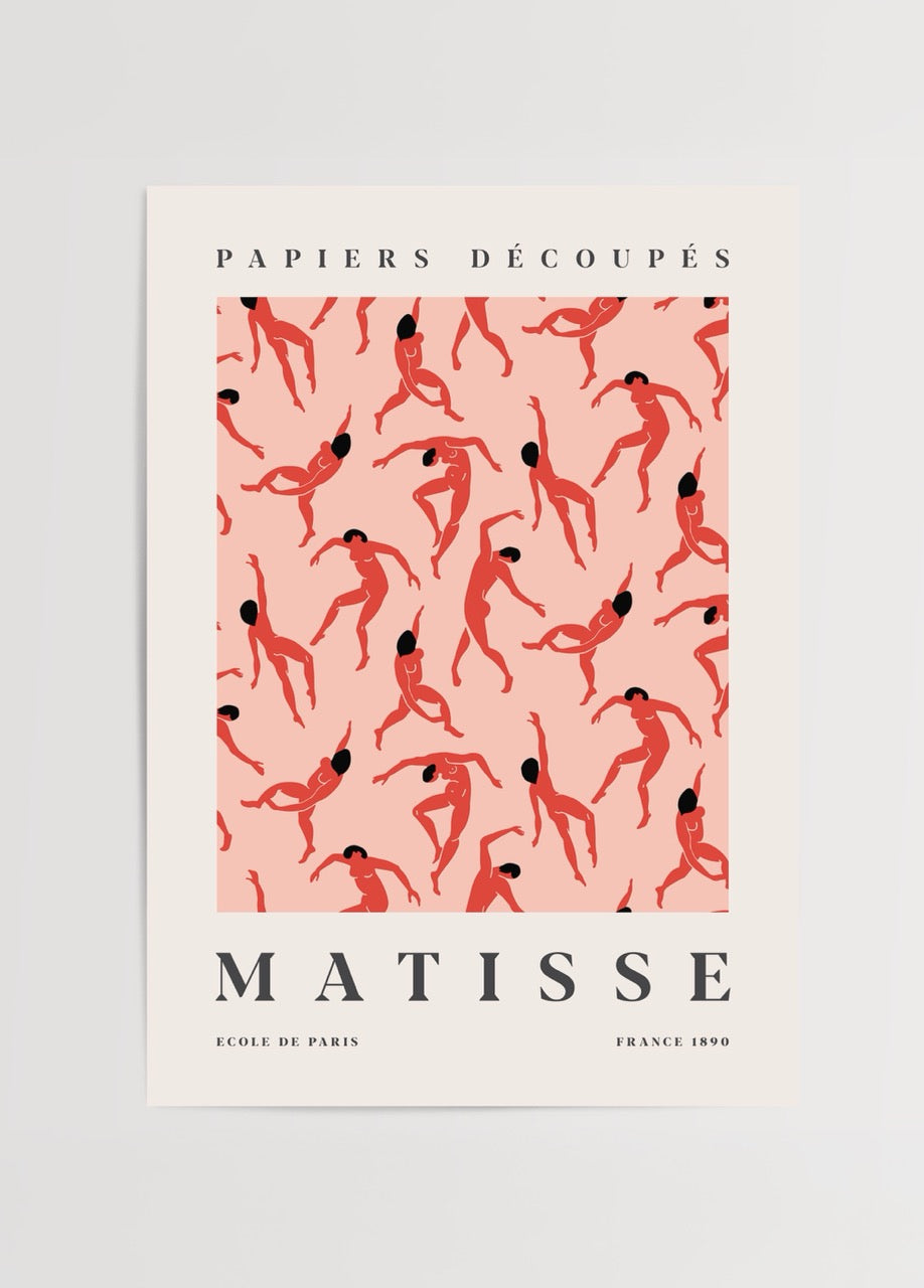 Dans eden kadın figürlerinden oluşan, Matisse esintili kırmızı tonlarda modern poster tasarımı