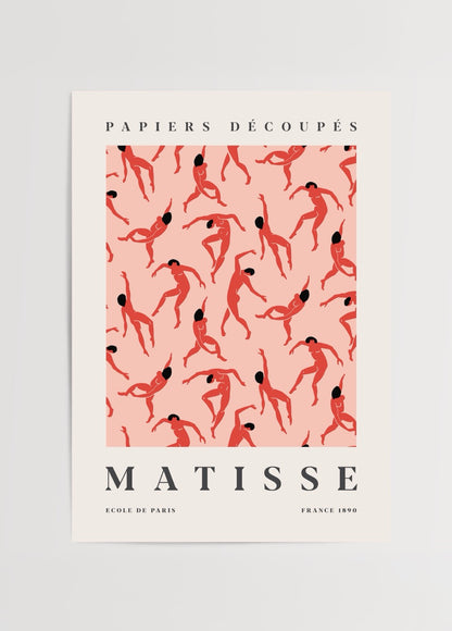 Dans eden kadın figürlerinden oluşan, Matisse esintili kırmızı tonlarda modern poster tasarımı