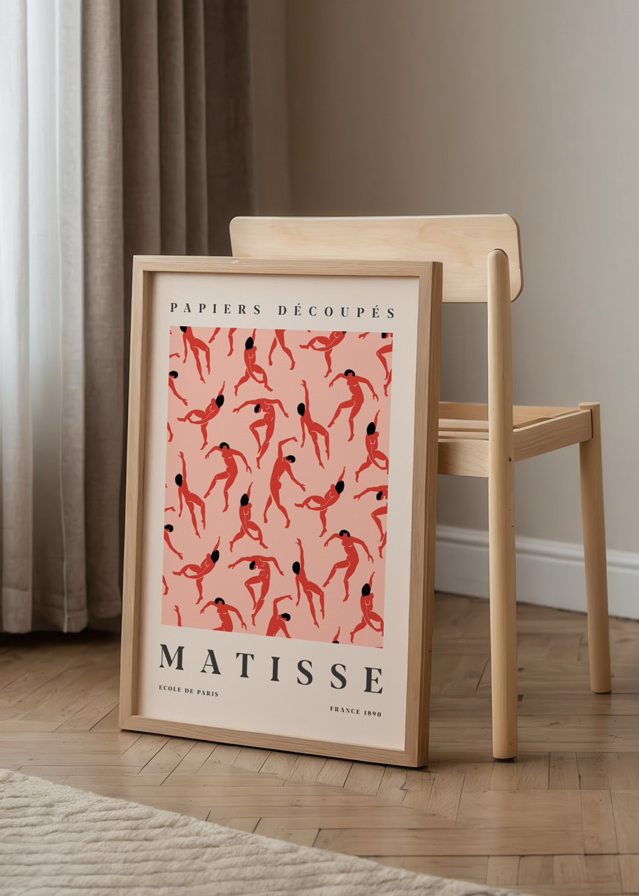 Dans eden kadın figürlerinden oluşan, Matisse esintili kırmızı tonlarda modern poster tasarımı