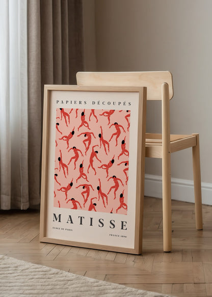 Dans eden kadın figürlerinden oluşan, Matisse esintili kırmızı tonlarda modern poster tasarımı