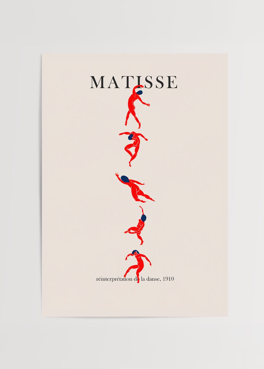 Krem arka plan üzerinde kırmızı dans eden figürlerden oluşan Matisse eseri poster tasarımı.