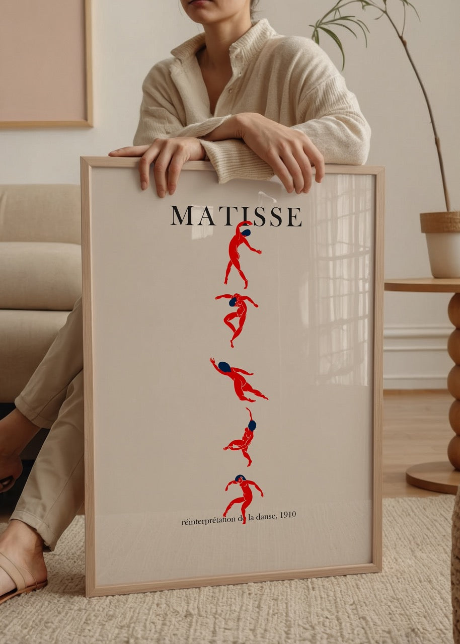 Krem arka plan üzerinde kırmızı dans eden figürlerden oluşan Matisse eseri poster tasarımı.