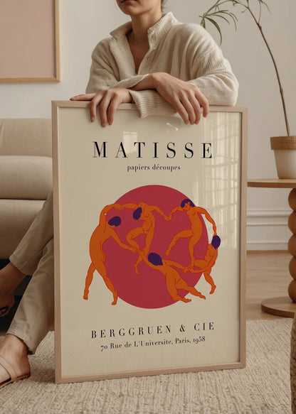 Matisse’in dans eden figürlerinden ilhamla oluşturulmuş modern çizimli Fransız sanat posteri