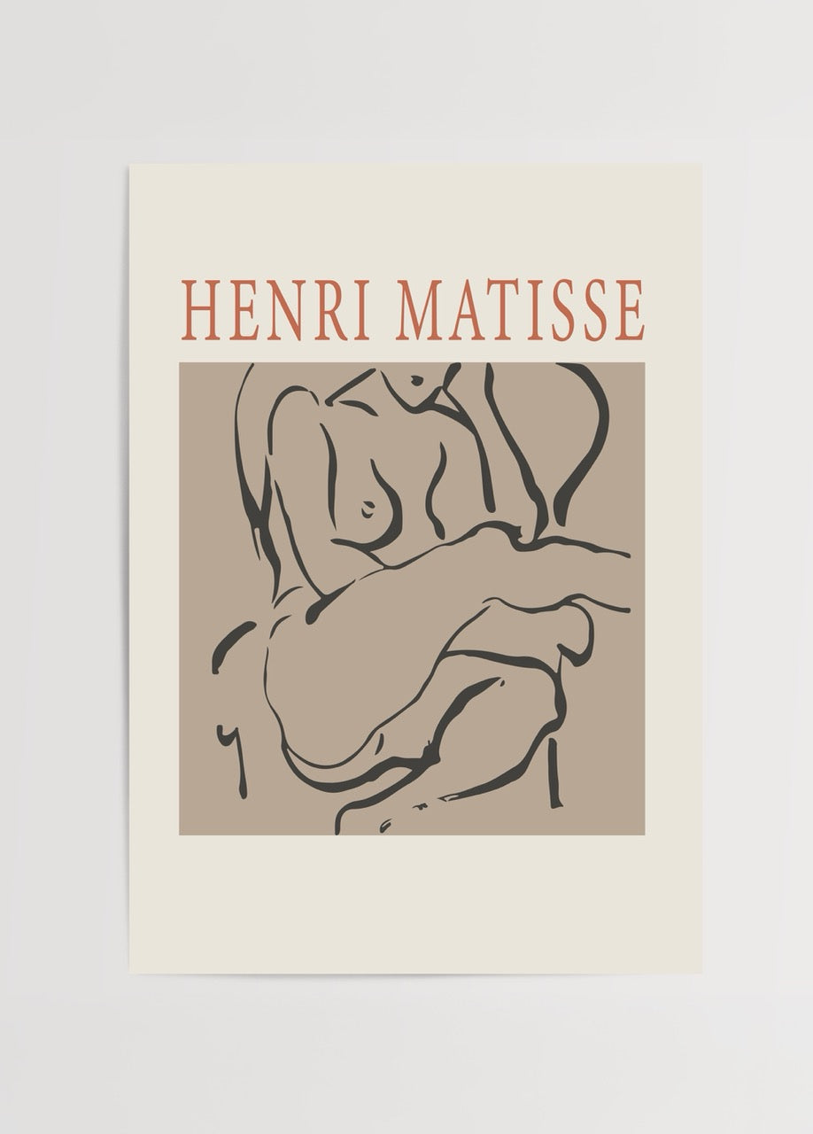 Bej zemin üzerine siyah çizgilerle işlenmiş oturan kadın figürü posteri, Matisse tarzında nü çizim