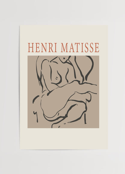 Bej zemin üzerine siyah çizgilerle işlenmiş oturan kadın figürü posteri, Matisse tarzında nü çizim