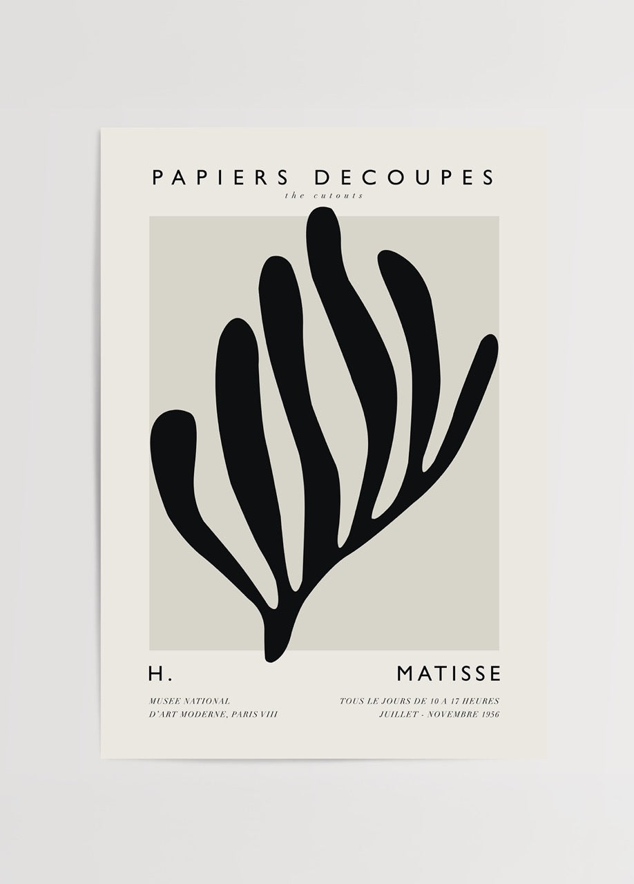 Henri Matisse’in kesme kağıt tekniğinden esinlenen siyah yaprak formunda minimalist poster tasarımı.
