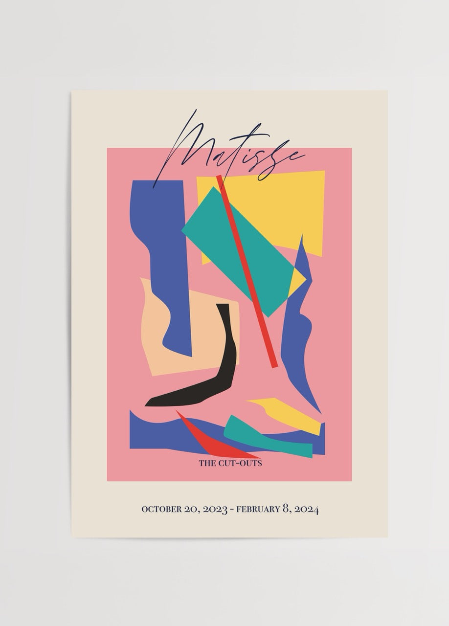Renkli kesme kağıt kolajlardan oluşan Matisse tarzı pembe zeminli poster baskısı