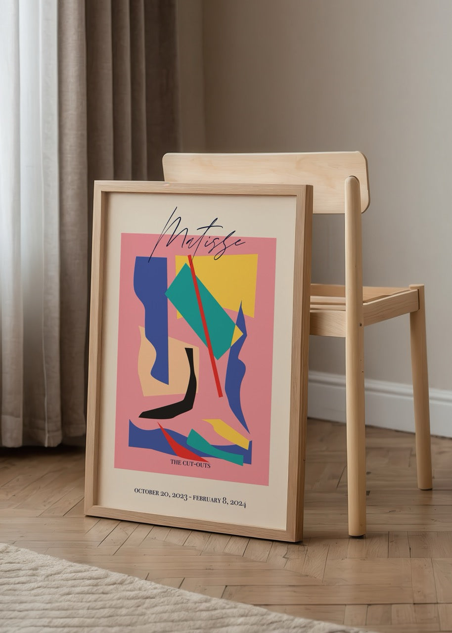 Renkli kesme kağıt kolajlardan oluşan Matisse tarzı pembe zeminli poster baskısı