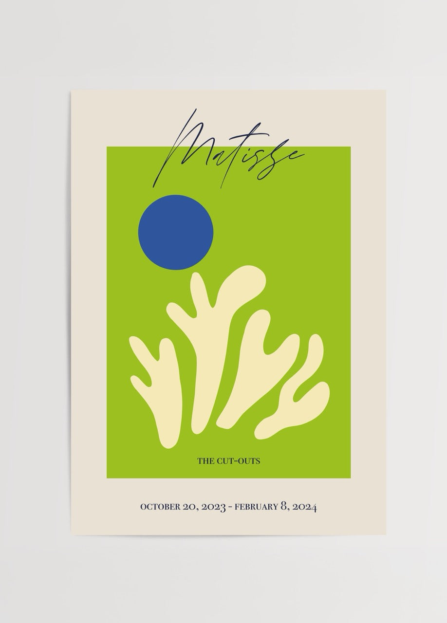 Yeşil zeminli, beyaz mercan formu ve mavi daire içeren Matisse tarzı minimalist poster tasarımı