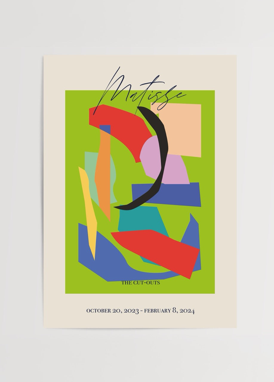 Yeşil zemin üzerine renkli kolaj kesitlerinden oluşan Matisse tarzı modern sanat posteri