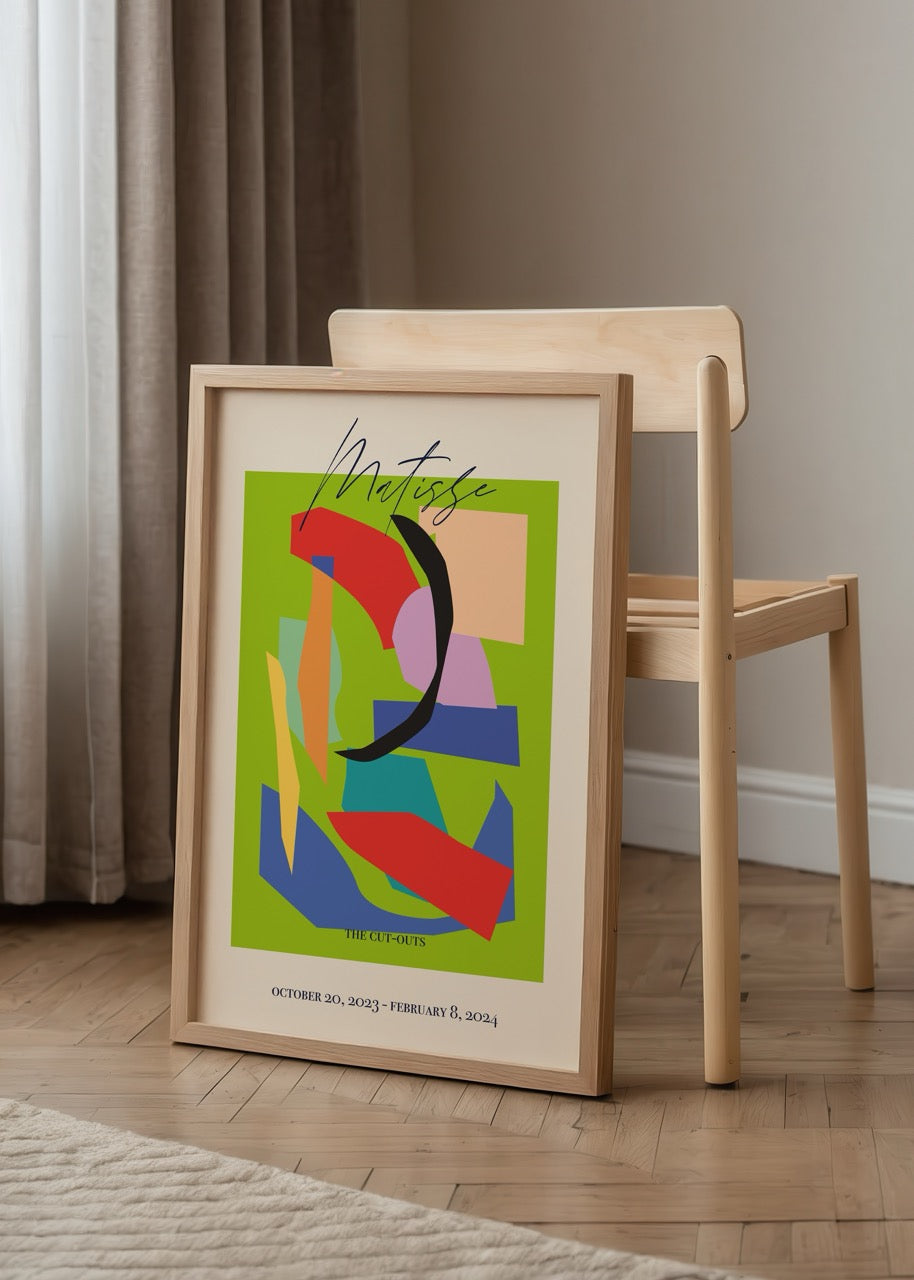 Yeşil zemin üzerine renkli kolaj kesitlerinden oluşan Matisse tarzı modern sanat posteri