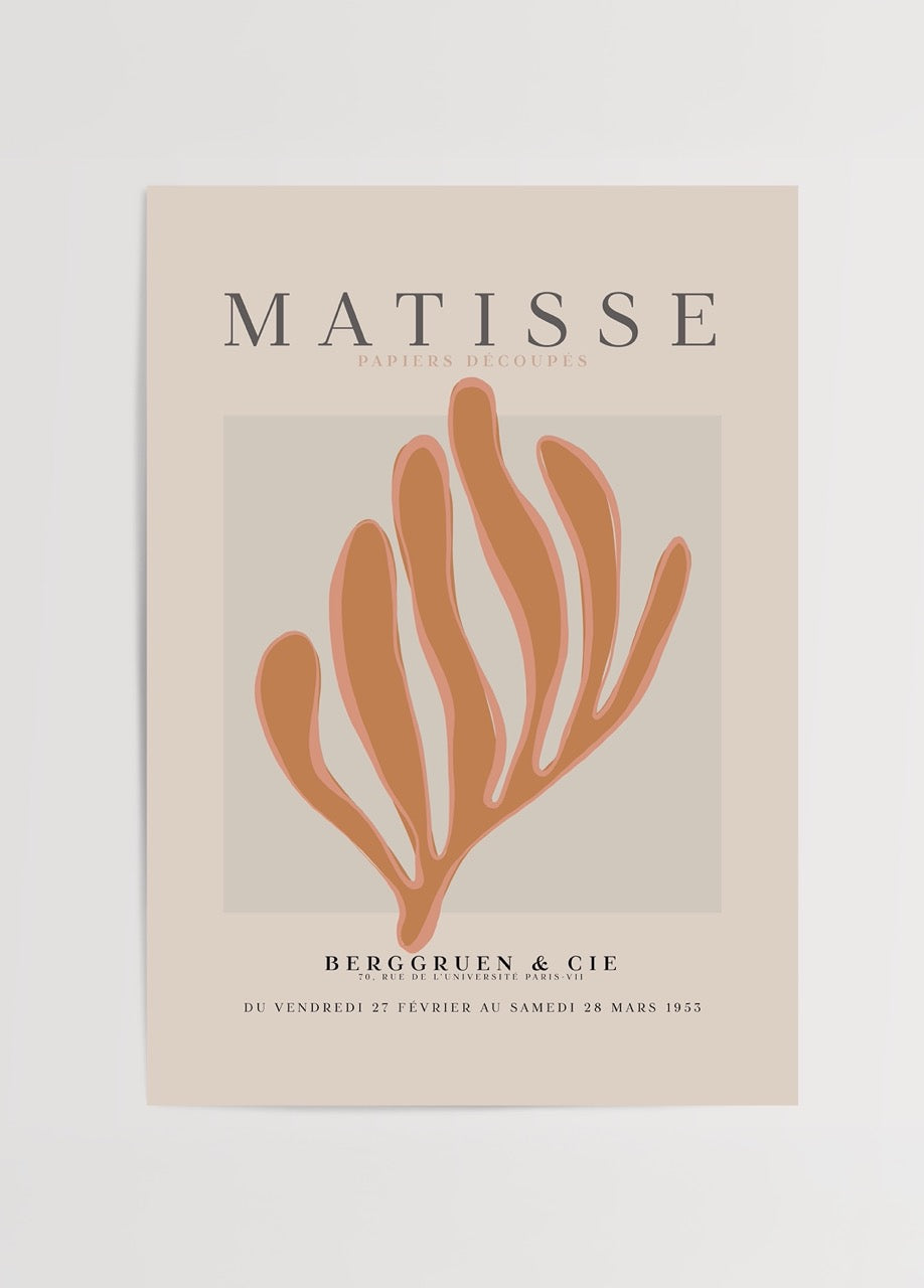 Henri Matisse’in Papiers Découpés serisinden ilham alınarak tasarlanmış turuncu yaprak formunda pastel ve minimalist duvar posteri.