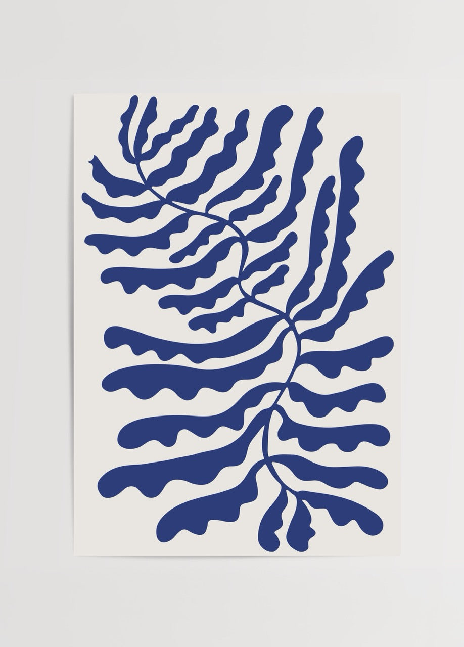 Minimalist mavi yaprak deseni poster baskı, modern ve soyut çizim dekorasyonu