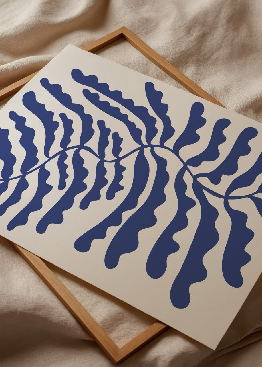 Minimalist mavi yaprak deseni poster baskı, modern ve soyut çizim dekorasyonu