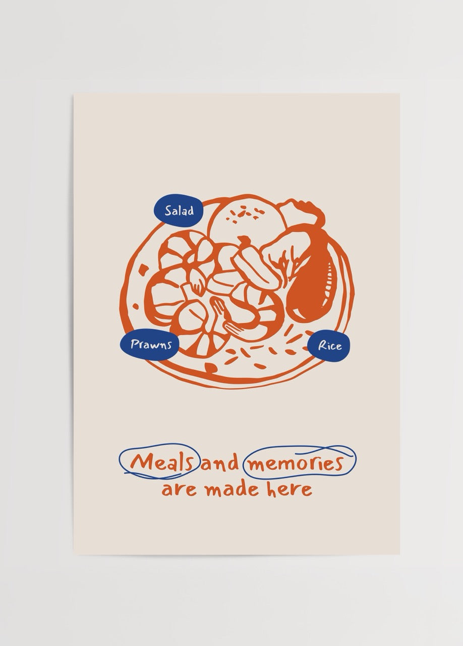Karides, pilav ve salatalı yemek tabağı illüstrasyonu ve “Meals and memories are made here” yazılı mutfak posteri