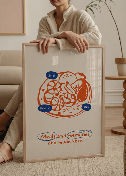 Karides, pilav ve salatalı yemek tabağı illüstrasyonu ve “Meals and memories are made here” yazılı mutfak posteri