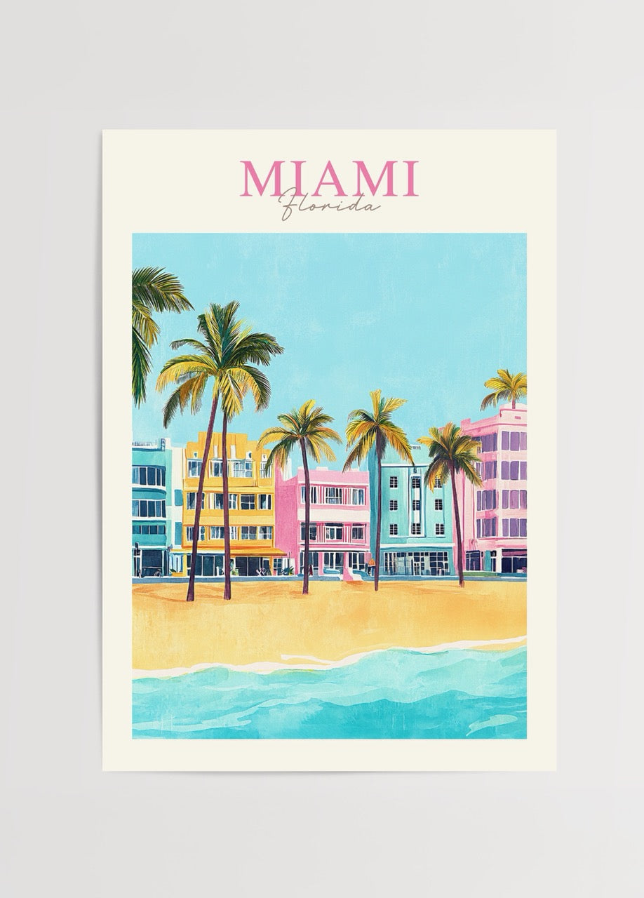 Pastel renkli Art Deco binalar ve palmiye ağaçlarıyla Miami Florida sahil posteri