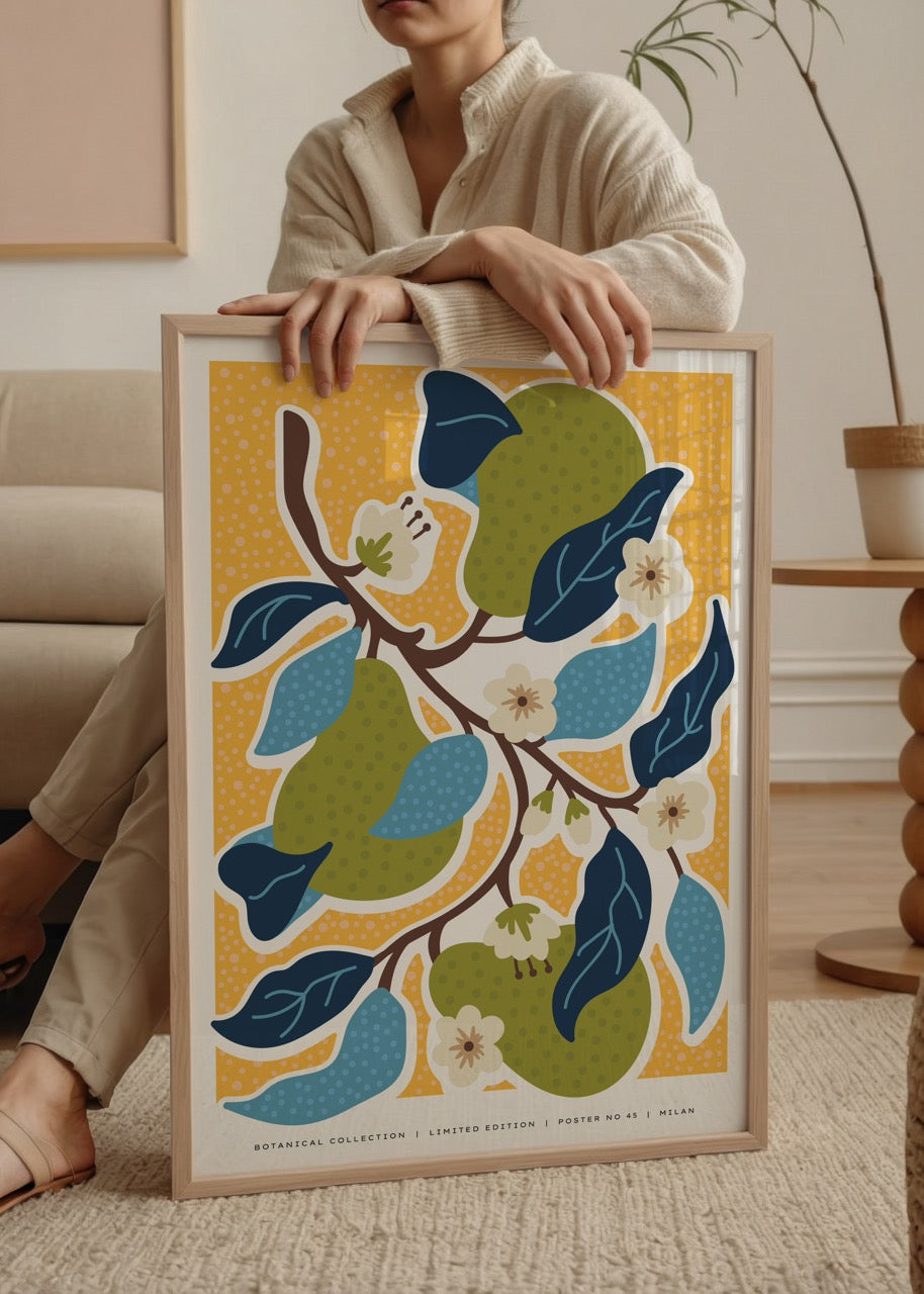 Sarı zemin üzerine armut ve çiçek dalları – Milan serisine ait botanik poster