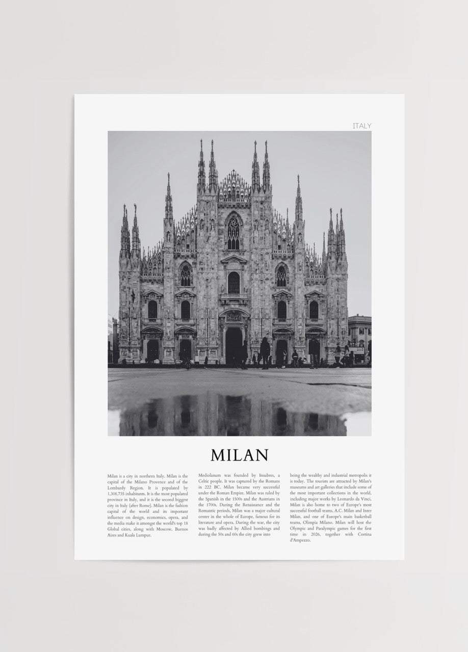 Milan Duomo di Milano siyah beyaz şehir posteri, Gotik mimari Milano katedrali poster baskı, İtalya şehir dekor posteri