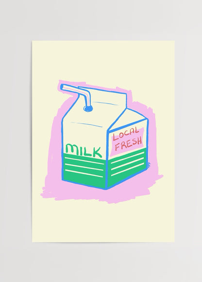 Fulya Genç tarafından tasarlanmış, retro tarzda pastel renklerde süt kutusu illüstrasyon posteri.