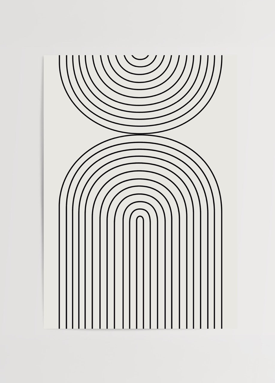 Siyah beyaz çizgilerle tasarlanmış yarım daire ve kemer formlarından oluşan minimalist soyut poster