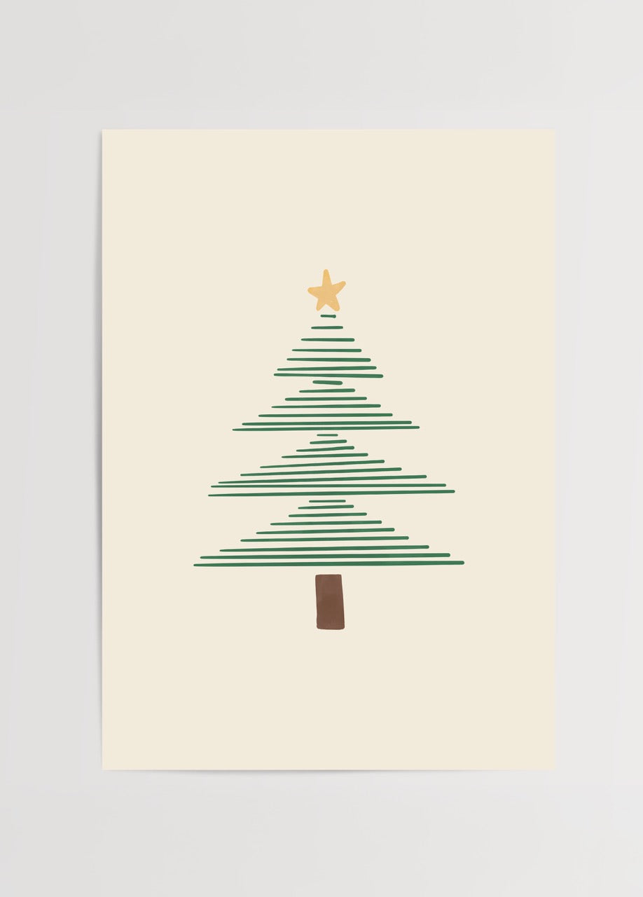 Nergis Sabancı imzalı Minimal Christmas Tree posteri, sade çizgisel çam ağacı illüstrasyonu ve yıldız detaylı yılbaşı temalı minimalist baskı.