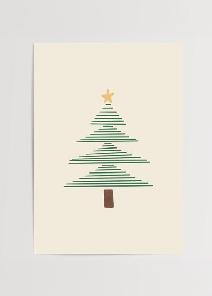 Nergis Sabancı imzalı Minimal Christmas Tree posteri, sade çizgisel çam ağacı illüstrasyonu ve yıldız detaylı yılbaşı temalı minimalist baskı.