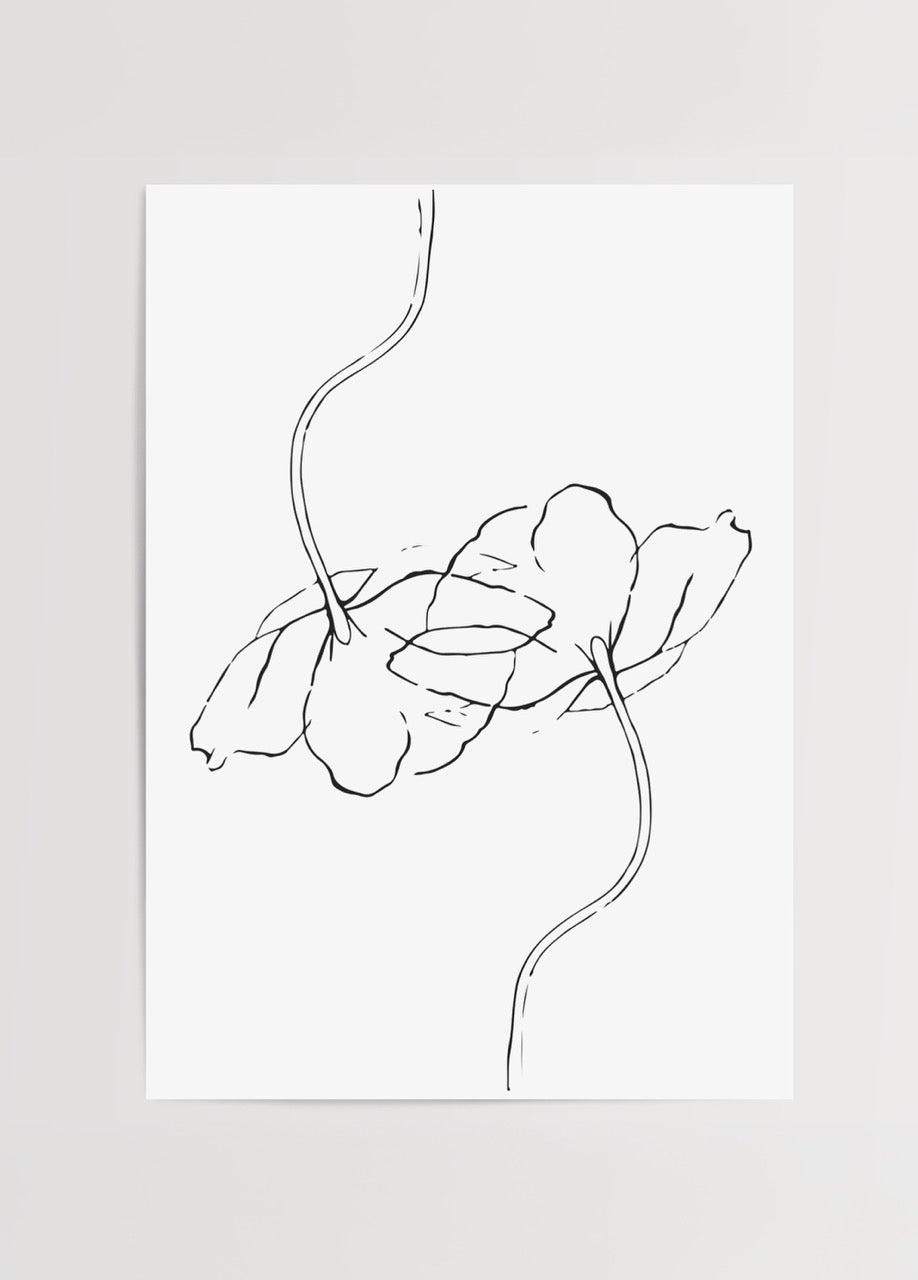 Siyah beyaz çizgilerle illüstre edilmiş minimal ginkgo yaprakları posteri