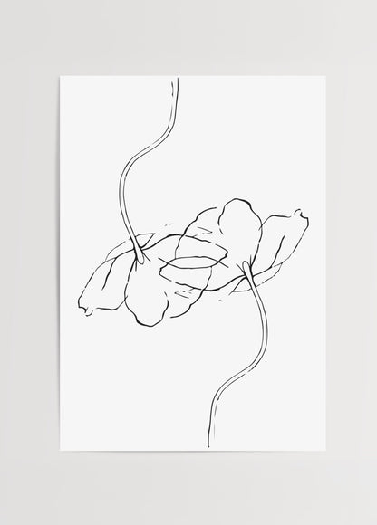 Siyah beyaz çizgilerle illüstre edilmiş minimal ginkgo yaprakları posteri