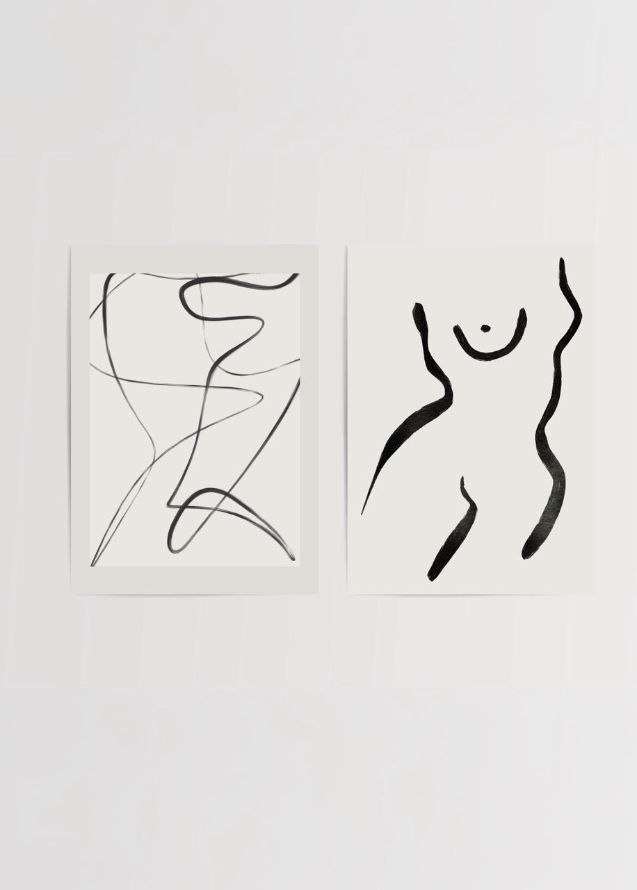 Minimal line art ikili poster seti – soyut çizgi ve kadın formu poster baskı