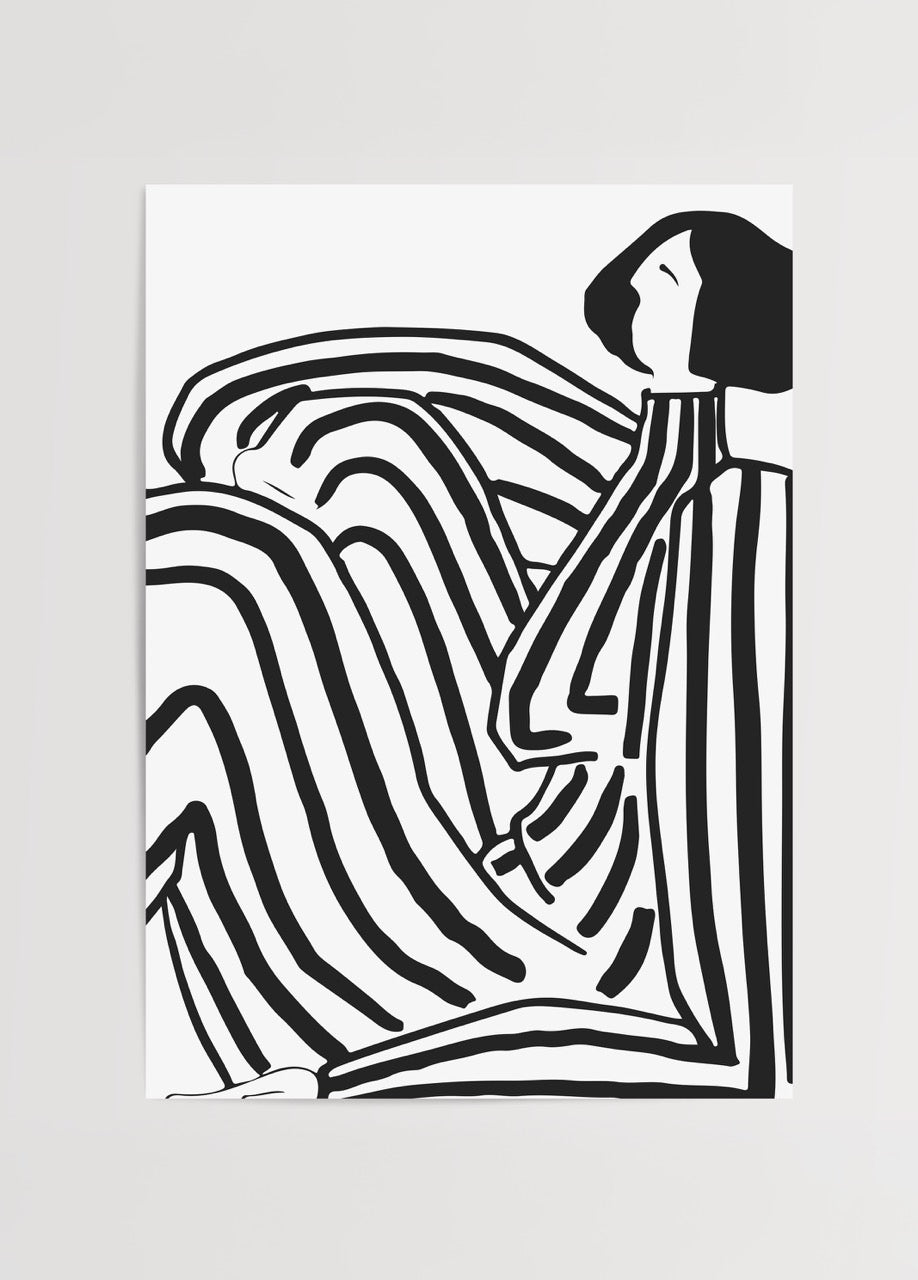 Minimal line art tarzında oturan kadın figürü illüstrasyonu, siyah beyaz modern poster baskı.