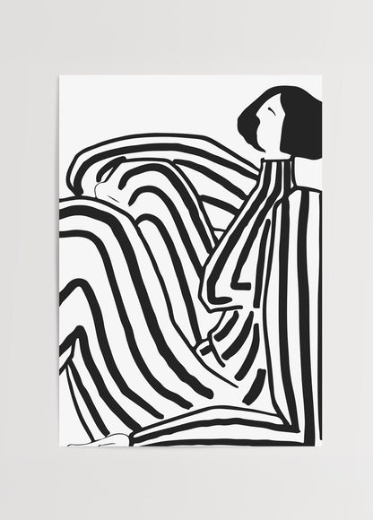 Minimal line art tarzında oturan kadın figürü illüstrasyonu, siyah beyaz modern poster baskı.