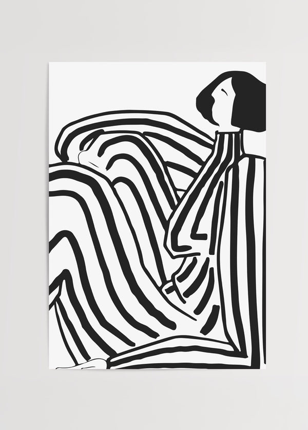 Minimal line art tarzında oturan kadın figürü illüstrasyonu, siyah beyaz modern poster baskı.